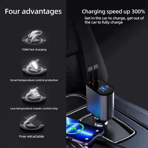 4-in-1 Retractable Car Charger · Digital Display