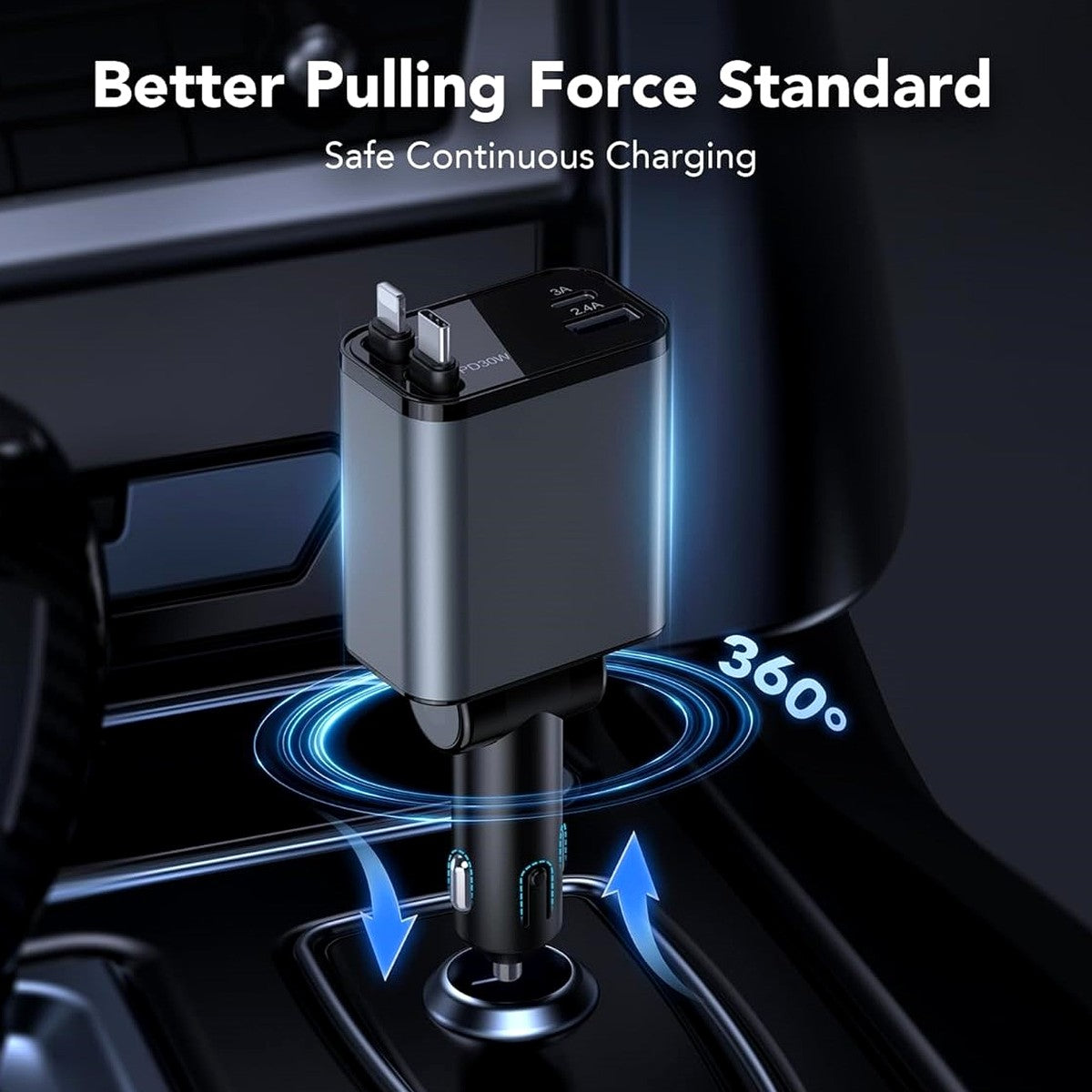 4-in-1 Retractable Car Charger · Digital Display