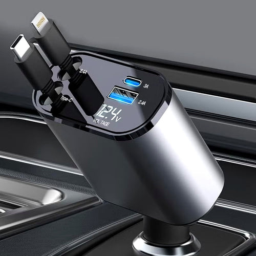 4-in-1 Retractable Car Charger · Digital Display