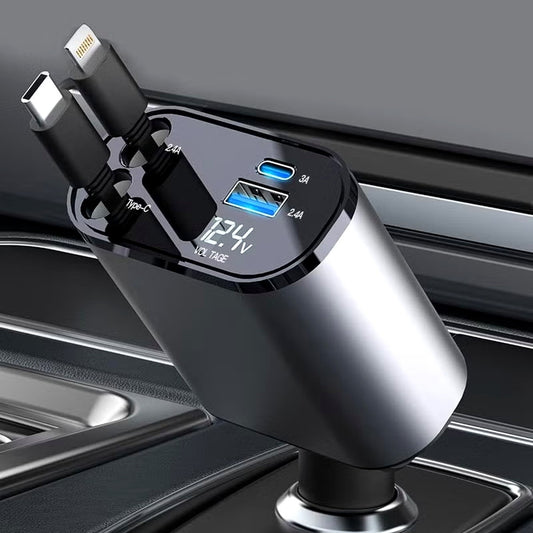 4-in-1 Retractable Car Charger · Digital Display